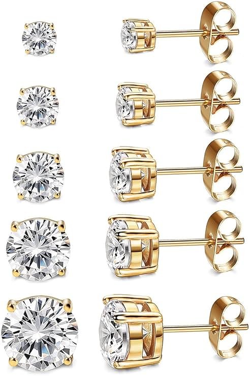 Kainier Women's 14K Gold Plated CZ Stud Earrings Simulated Diamond Round Cubic Zirconia Ear Stud Set（5 Pairs)… - Product Image