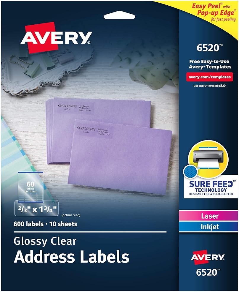 Avery Printable Return Address Labels with Sure Feed, 2/3" x 1-3/4", Glossy Clear, 600 Blank Mailing Labels (06520) - Product Image
