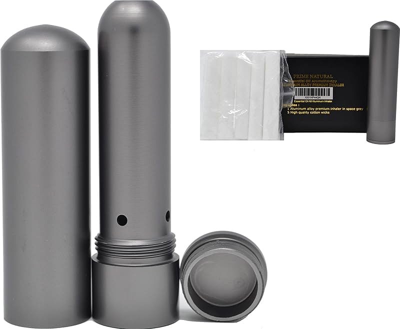 Prime Natural Essential Oil Aluminum Alloy Premium Blank Nasal Inhaler - Refillable Aluminum Empty Metal Inhaler - Space Gray Color - Comes with 5 Cotton Wicks - For Aromatherapy - Product Image
