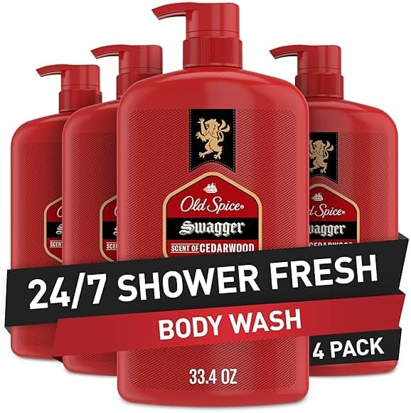 Old Spice Body Wash for Men, 24/7 Shower Fresh with Long Lasting Scent, Refreshing 3X Defense, Red Collection, Swagger with Cedarwood Scent, 33.4 oz (Pack of 4) - Product Image