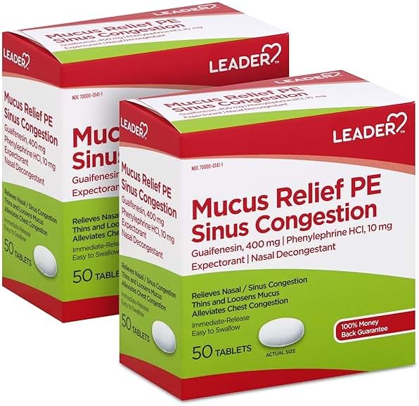 Leader Mucus Relief PE Sinus Congestion, Expectorant; Nasal Decongestant, Thins and Loosens Mucus, Immediate-Release, Alleviates Chest Congestion, 50 Tablets (Pack of 2) - Product Image