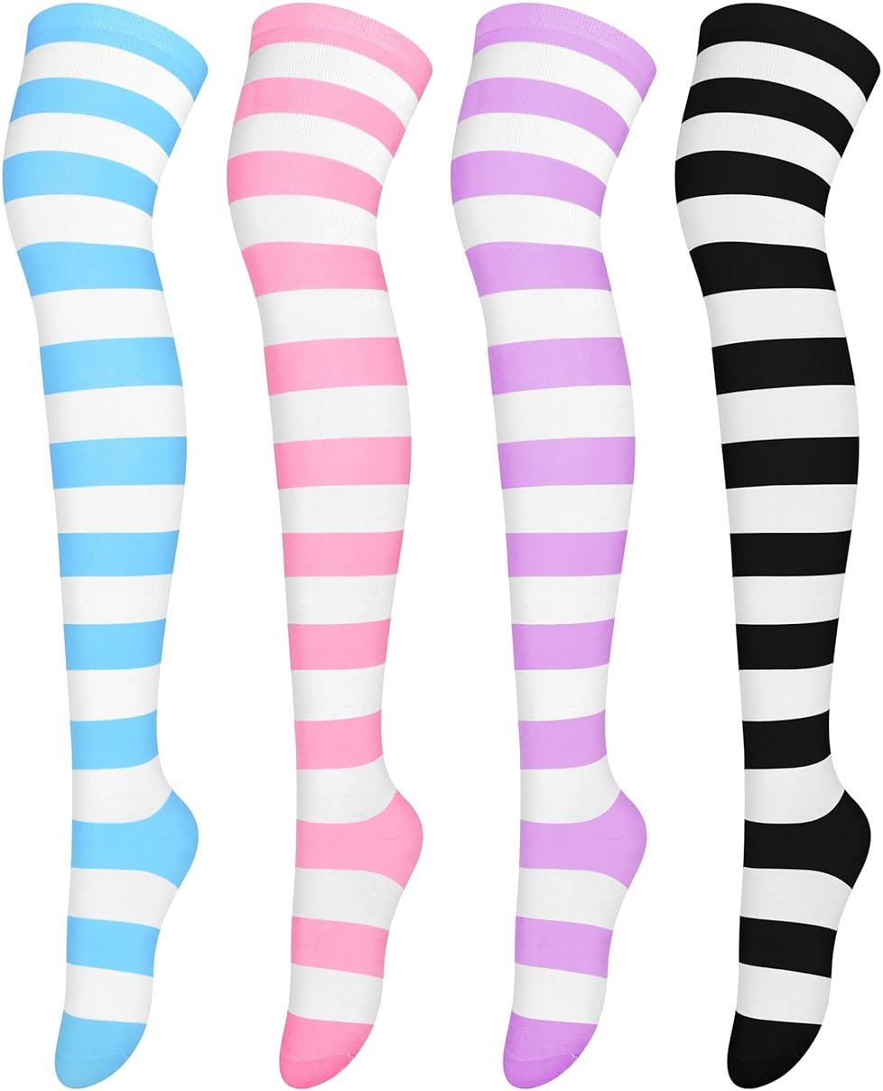 Aneco 4 Pairs Over Knee High Stripe Socks Halloween Cosplay Accessories Thigh High Socks for Adult Woman Girls - Product Image