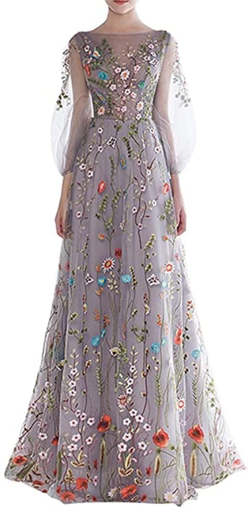 Honeydress Women's Floral-Embroidered Long Sleeve Maxi Dress Prom Gown Multicolour - Product Image