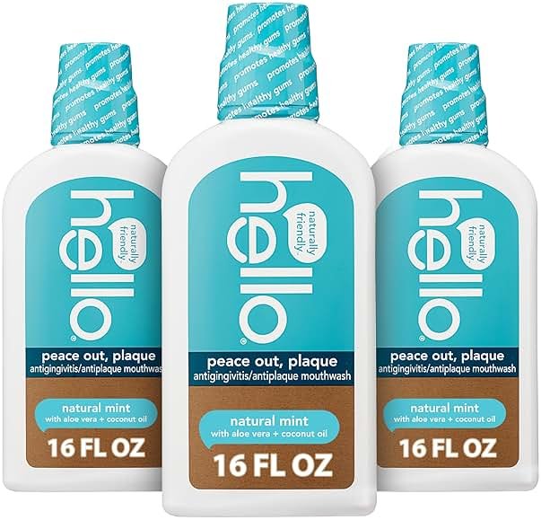 Hello Peace Out Plaque, Antigingivitis Alcohol Free Mouthwash, Natural Mint with Aloe Vera and Coconut Oil, Fluoride Free, Vegan, SLS Free and Gluten Free, 16 Ounce (Pack of 3) - Product Image