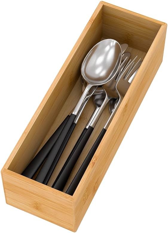 Bamboo Kitchen Drawer Organizer, Wooden Storage Box for Utensil Organizer Silverware Tray Cutlery Holder Flatware Containers - Multi-Use Deep Drawer Dividers Organizer for Bathroom, Jewelry, 9"3"2.5" - Product Image
