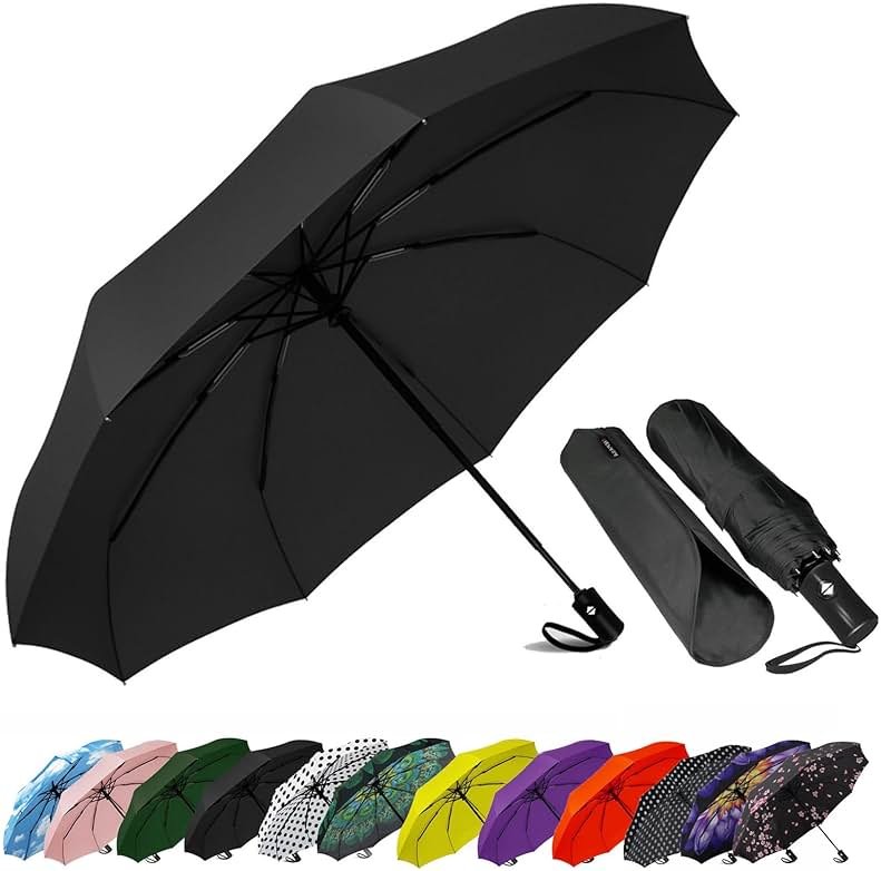 SIEPASA Compact Travel Umbrella - Windproof Auto Open/Close, Small Folding Umbrella for Rain - Lightweight & Durable with Fiberglass Frame, Waterproof Canopy - Fits Backpack, Purse, Suitcase. (Black) - Product Image