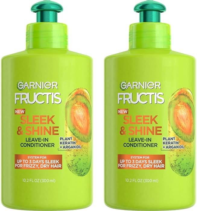 Garnier Fructis Sleek & Shine Leave-In Conditioner Cream, Anti-Frizz Hair Treatment with Plant Keratin + Argan Oil, Controls Frizz and Provides Smoothness For Frizzy, Dry Hair, 10.2 Fl Oz (Pack of 2) - Product Image