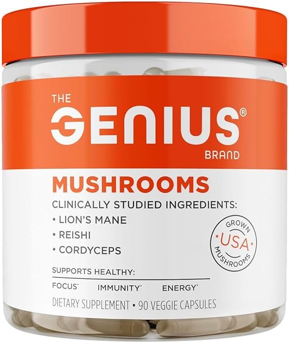 The Genius Brand Genius Mushrooms - Plant-Based Supplement for Immune, Focus & Energy Support - Lion's Mane, Cordyceps & Reishi - Organic & Non-GMO - 90 Veggie Capsules - Product Image