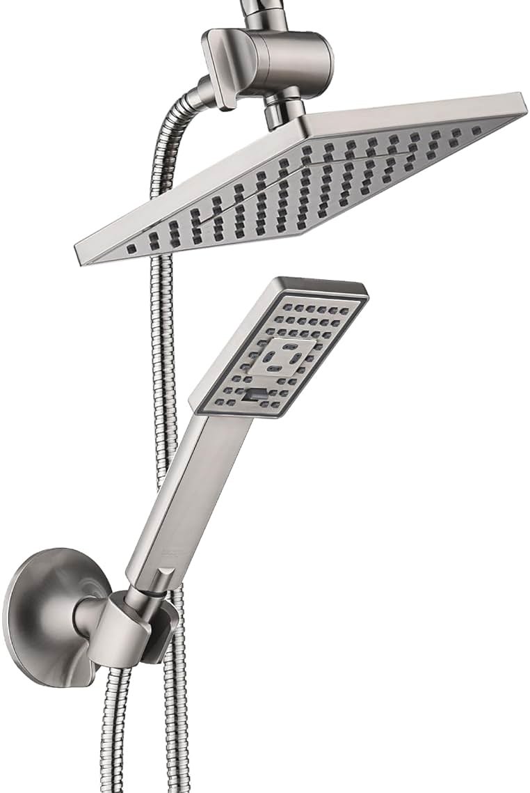 BRIGHT SHOWERS Rain Shower Head with Handheld Spray, 8 Inch Rainfall Shower Head Combo with 60" Hose, Adjustable Dual Square Showerhead Set with 3-Way Diverter, Wall Bracket, Brushed Nickel - Product Image