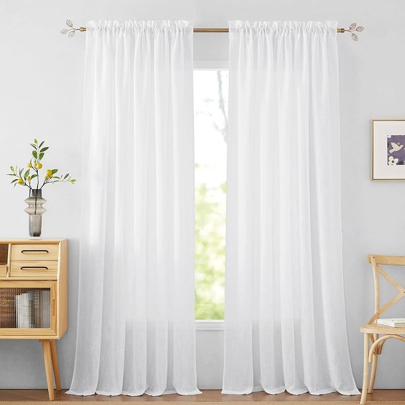 RYB HOME White Semi Sheer Curtains 84 inches Long - Living Room Curtains for Half Privacy, Linen Textured Sheer Light Filtering Vertical Window Drapes for Bedroom Dining, Width 52 inch, 2 Panels - Product Image