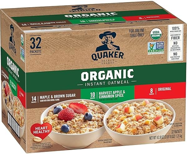 QUAKER Instant Oatmeal, USDA Organic, Non-GMO Project Verified, 3 Flavor Variety Pack, Individual Packets, 32 Count (Pack of 1) - Product Image