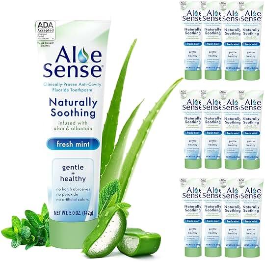 AloeSense Naturally Soothing Toothpaste for Sensitive Teeth and Gum Care with Aloe Vera, Allantoin & Fresh Mint Flavor, Gentle & Natural, ADA Approved (5-oz, 12 Count) - Product Image