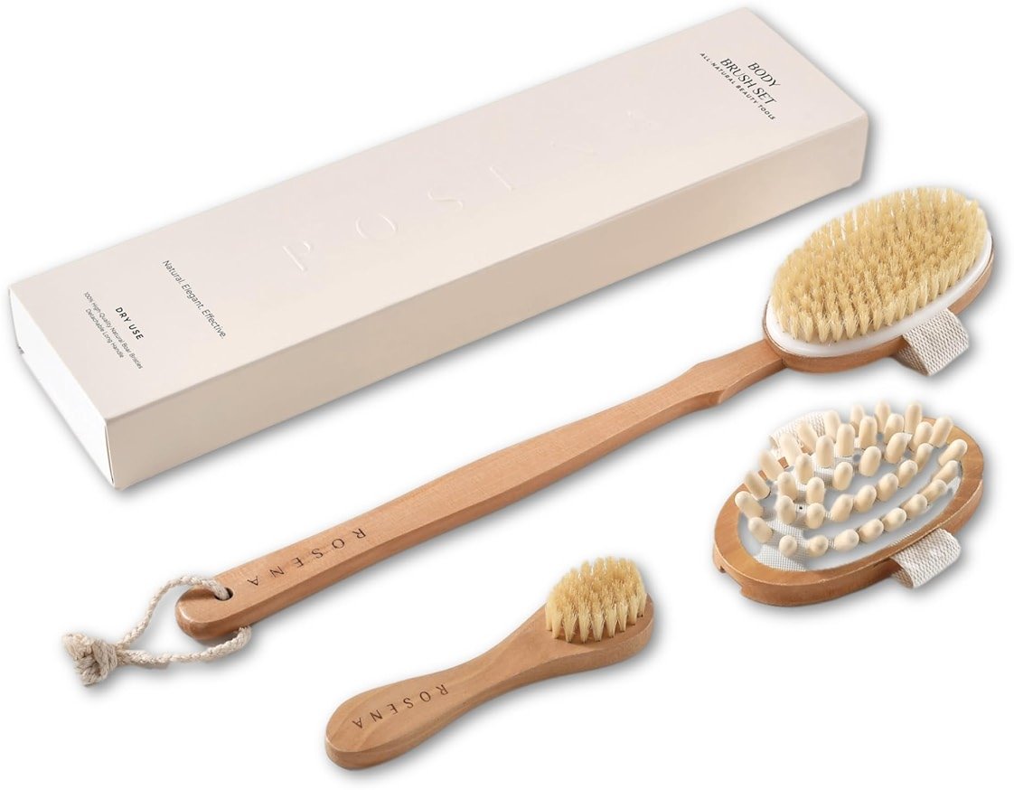 Dry Brushing Body Brush Set – Natural Bristle Spa Exfoliator Kit with Face Cleansing Brush, Long Dry Brushing Body Brush for Lymphatic Drainage & Massaging Cellulite Brush for Smooth, Radiant Skin - Product Image