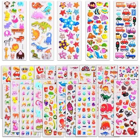 Stickers for Kids 1000+, 3D Puffy Stickers for Kids Toddlers 40 Different Sheets Variety Pack for Scrapbooking, Gifts, Rewards Including Animals, Stars, Fishes, Hearts, Dinosaurs, Cars and More - Product Image