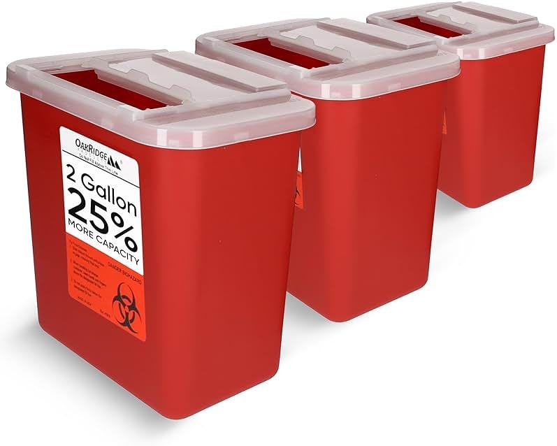 Oakridge Products Large Sharps Container for Home Use and Professional 2 Gallon (3-Pack) with Sliding Top, Biohazard Needle and Syringe Disposal, CDC Certified - Product Image