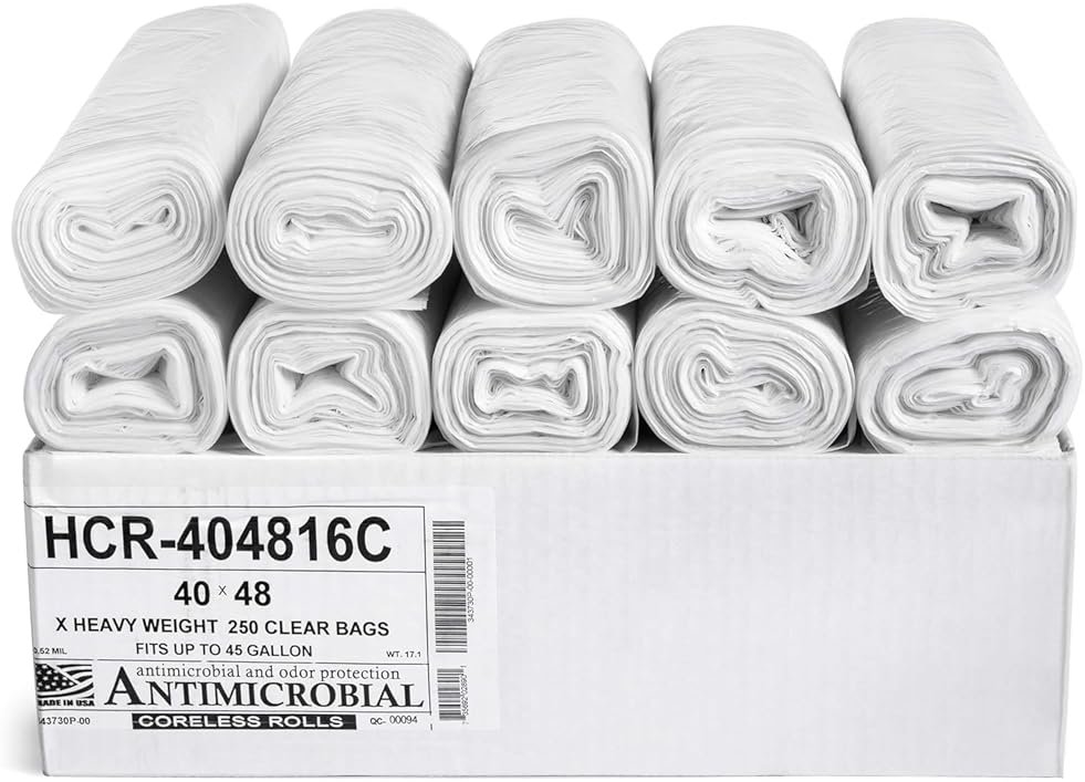 Aluf Plastics 45 Gallon Clear Trash Bags 40" x 48" - 16 Micron Equivalent High Density Value Garbage Bags, HCR-404816C (Pack of 1, 250 Count Total) - Product Image