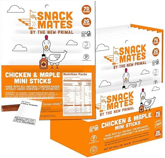 The New Primal Snack Mates Chicken & Maple Sticks, Gluten Free Healthy Snacks for Kids, Low Sugar High Protein Back to School Snacks, Mini Paleo Jerky Meat Stick, 7g Protein, 50 Calories, 40 Pack - Product Image