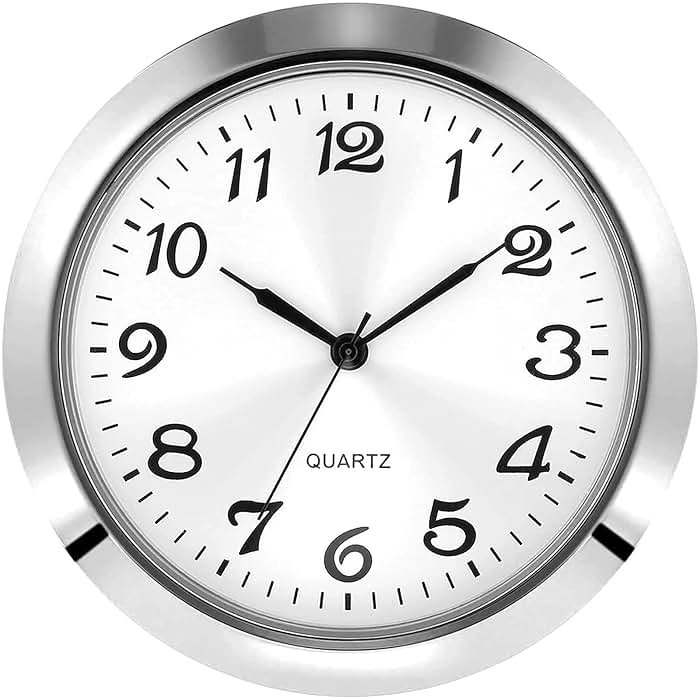 2-1/8 Inch (55 mm) Quartz Clock Insert, Zinc-Alloy Metal Case, Arabic Numeral, White Face (Silver) - Product Image