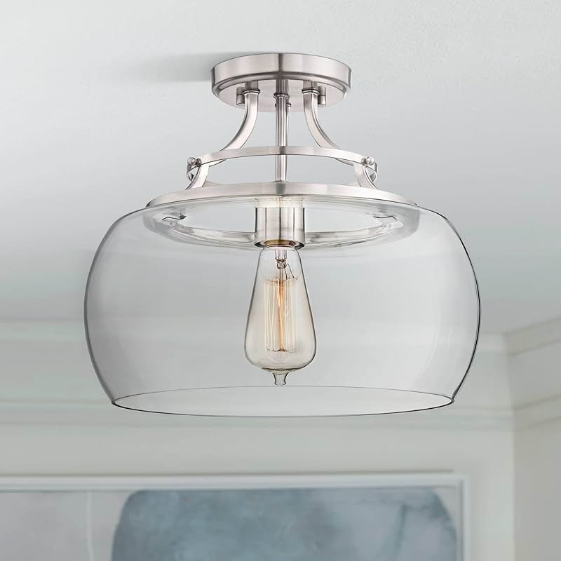 Franklin Iron Works Charleston Industrial Rustic Farmhouse Ceiling Light Semi Flush-Mount Fixture 13 1/2" Wide Brushed Nickel LED Clear Glass Shade for Bedroom Kitchen Living Room Hallway Dining - Product Image