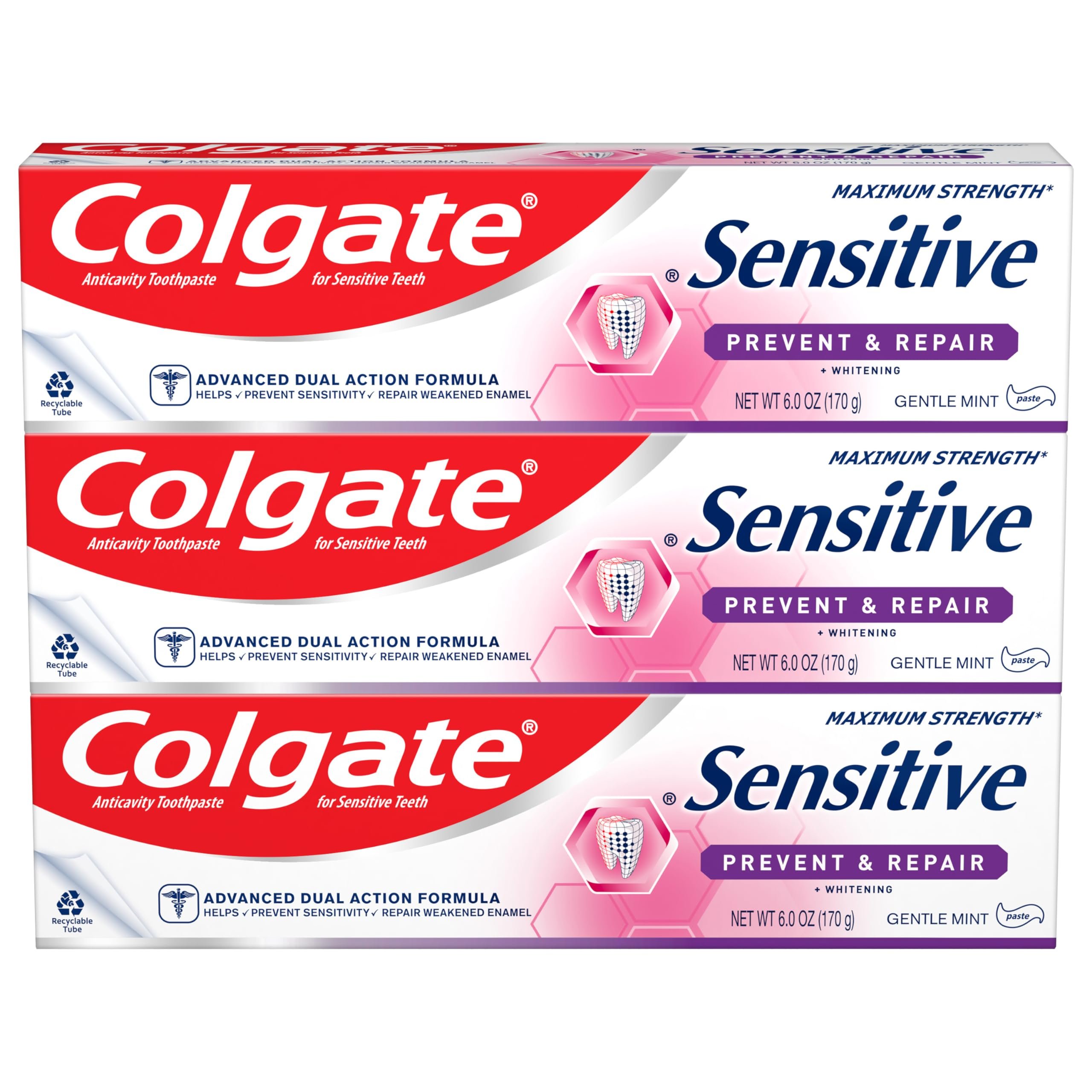 Colgate Sensitive Enamel Health Toothpaste for Sensitive Teeth, 3 Pack, Toothpaste with Fluoride and 5% Potassium Nitrate, Helps Prevent Bad Breath, Soothing Peppermint Flavor, 6 oz, 3 Pack - Product Image