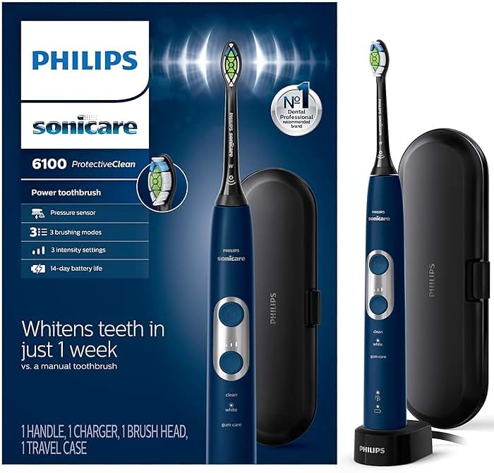Philips Sonicare ProtectiveClean 6100 Rechargeable Electric Toothbrush, with Pressure Sensor, 3 Cleaning Modes, SmarTimer and QuadPacer, 14-Day Battery Life, Travel Case, Navy Blue, Model HX6871/49 - Product Image