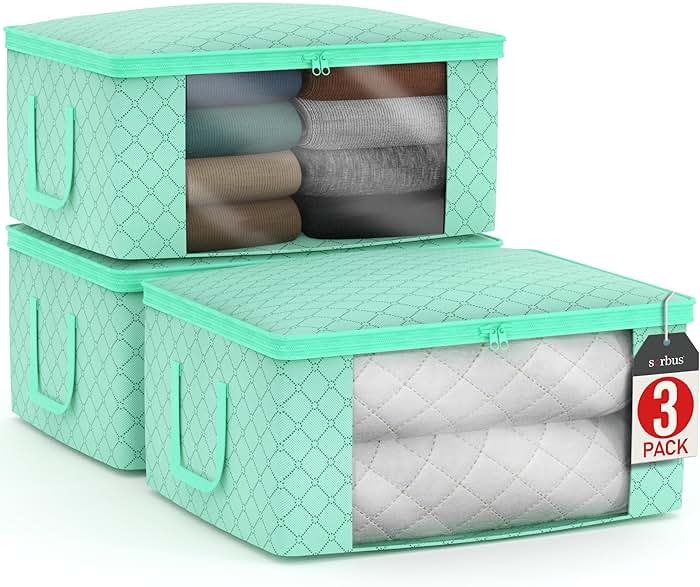 Sorbus Medium Clothes Storage Bags - Foldable Blanket Storage Bins for Organizing Bedroom, Closet, Clothing, Comforter, Organization with Clear Window, Lids and Carry Handles - Set of 3 - Product Image
