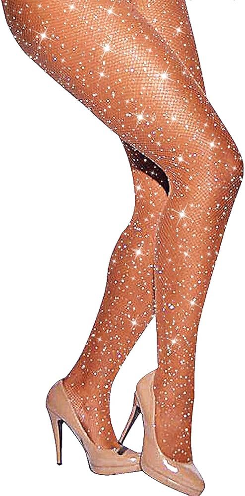 LUCKELF Sexy High Waist Tights Sparkle Rhinestone Fishnets Party Rhinestone Mesh Stockings - Product Image