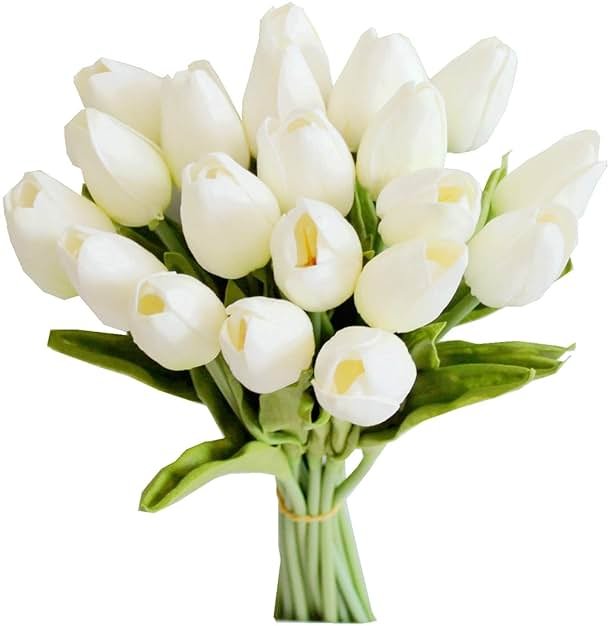Mandy's White Artificial Tulips Flowers Centerpiece, 13.5" Lifelike PU Fake Floral Stems 20pcs for Kitchen Island & Dining Table, Spring Decor for Easter - Product Image