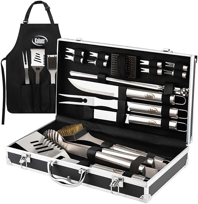 Kaluns Grilling Accessories, Dad Gifts for Fathers Day, Grilling Gifts, Heavy Duty Stainless Steel BBQ Tool Set for Outdoor Grill with Aluminum Case and Apron, Birthday Gifts for Men Women - Product Image
