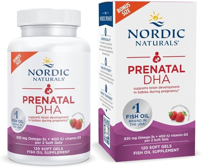 Nordic Naturals Prenatal DHA, Strawberry - 120 Soft Gels - 830 mg Omega-3 + 400 IU Vitamin D3 - Supports Brain Development in Babies During Pregnancy & Lactation - Non-GMO - 60 Servings - Product Image