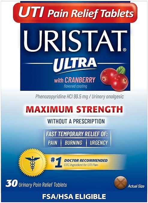 Uristat Ultra Strength UTI Relief Tablets – Ease Urinary Pain, Burning & Urgency, Cranberry Flavor, 30 Count - Product Image