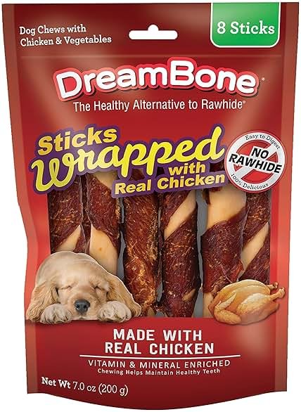 DreamBone Chicken Wrapped Large Stick Dog Treats, Daily Rawhide-Free Chew, Digests Safely and Completely, With Real Protein, Chicken and Veggies, 8 count - Product Image
