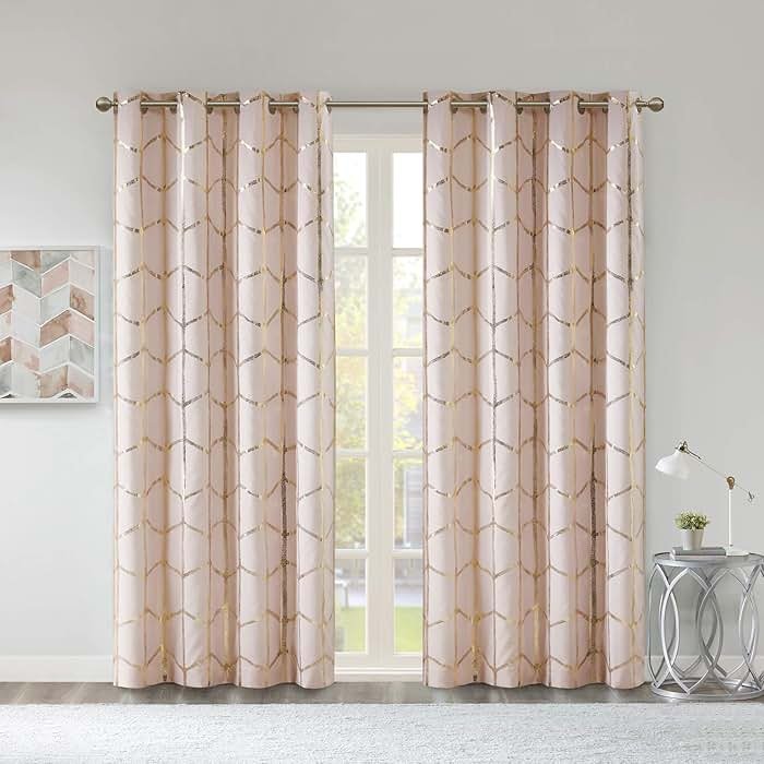 Intelligent Design Blackout Window Curtain, Light Blocking Curtains for Living Room, Thermal Insulated Window Panel with Metallic Print and Grommet Top, 50"x84", Blush/Gold, 1 Piece - Product Image