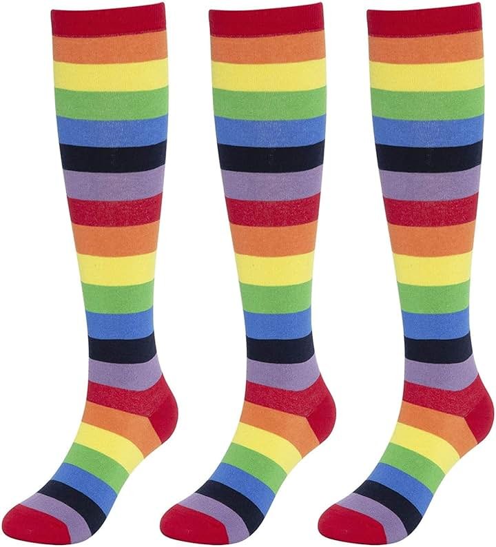 KONY 84% Cotton Rainbow Knee High Socks for Women, Colorful Striped Stay-Up Stretch Long Socks, Size 6-10 - Product Image