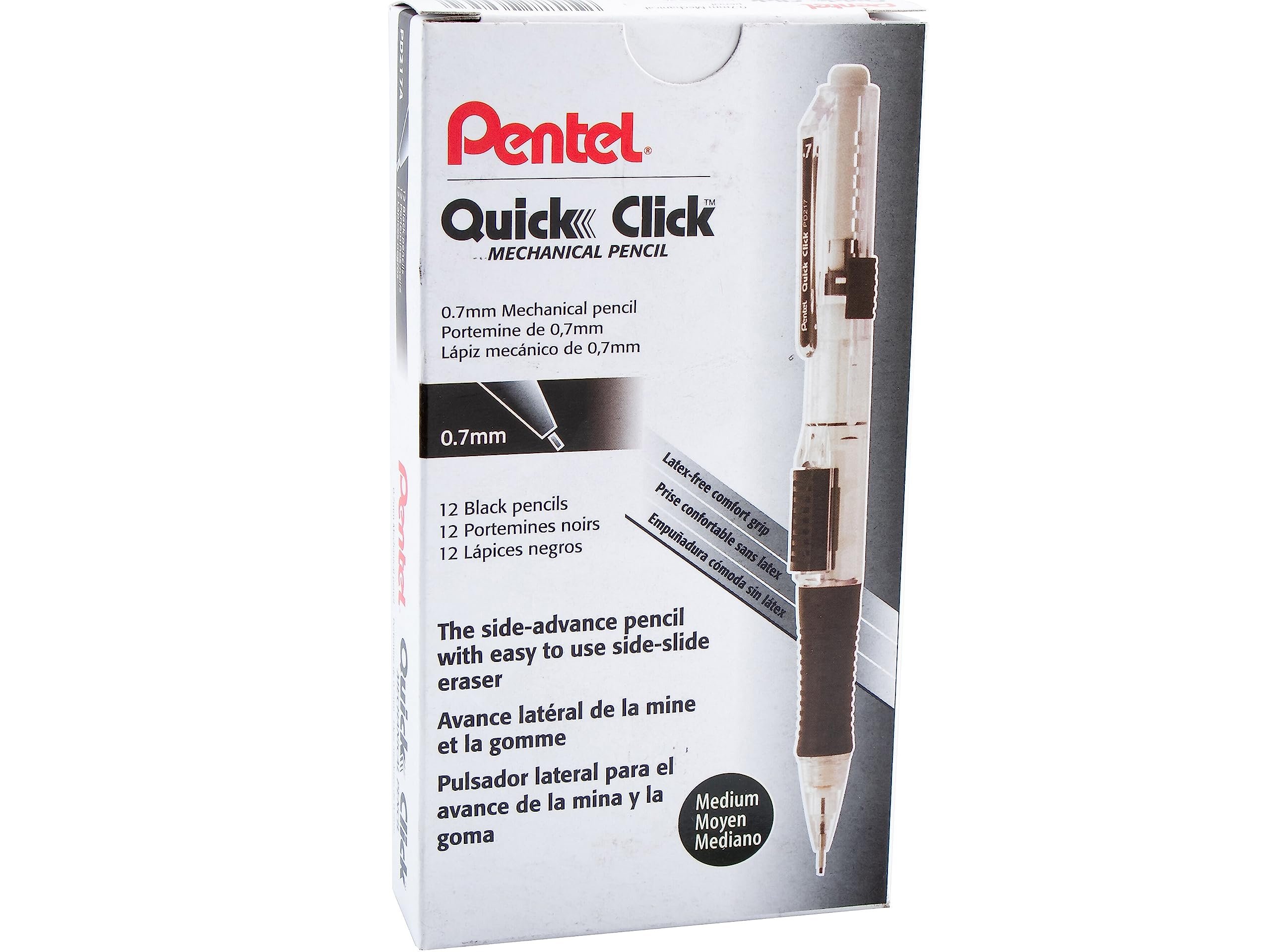 Pentel Quick Click Mechanical Pencil, (0.7mm), Medium, Black Barrel, Box of 12 Pencils (PD217A) - Product Image