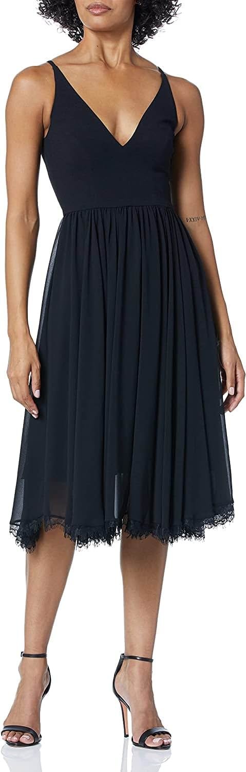 Dress the Population Women's Alicia Plunging Mix Media Sleeveless Fit and Flare Midi Dress - Product Image