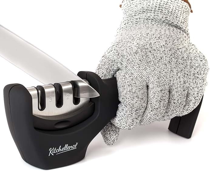 4-in-1 Kitchen Knife Accessories: 3-Stage Knife Sharpener Helps Repair, Restore, Polish Blades and Cut-Resistant Glove (Black) - Product Image