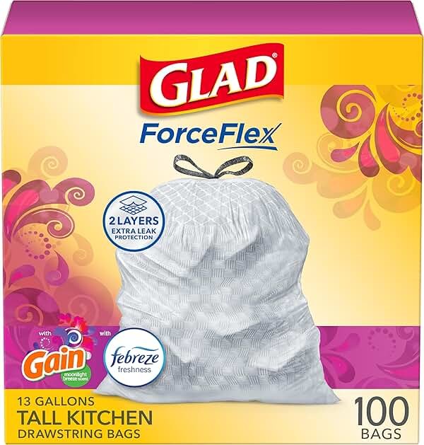 Glad ForceFlex Tall Kitchen Trash Bags, 13 Gal, Gain Moonlight Breeze, 100 Ct (Package May Vary) - Product Image