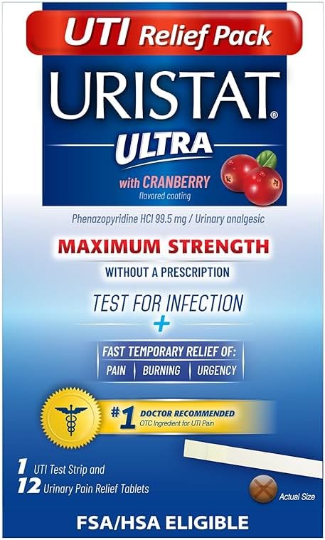 Uristat Ultra Strength Urinary Tract Infection Treatments and Test Relief Kit – 1 UTI Test Strip & 12 Cranberry Flavor Relief Tablets to Ease Urinary Pain, Burning & Urgency - Product Image
