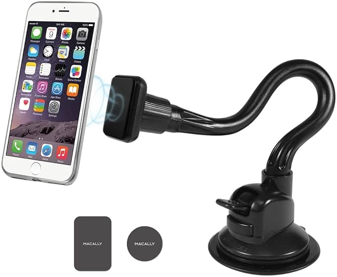 Macally Windshield Phone Mount for Car Magnetic - Suction Cup Window Mount Phone Holder with 8" Long Gooseneck Arm & Super Strong Magnet Mount for Smartphone and iPhone - Product Image