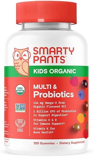 SmartyPants Organic Kids Multivitamin Gummies: Probiotics, Omega 3 (ALA), Vitamin D3, C, Vitamin B12, B6, A, K & Zinc for Immune Support, Biotin, Three Fruit Flavors, 120 Count (30 Day Supply) - Product Image