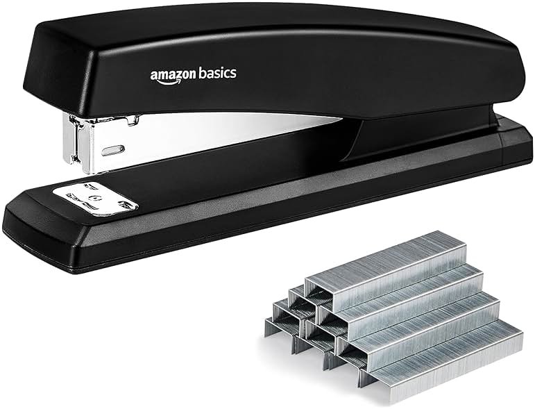 Amazon Basics Office Stapler with 1000 Staples, 25 Sheet Capacity, Non-Slip, Black, Home Office - Product Image