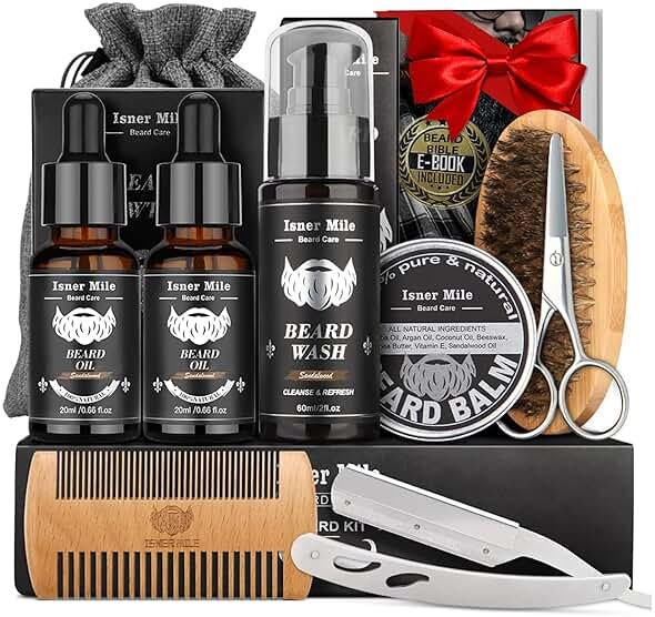 Isner Mile Dad Gifts Fathers Day Husband: from Wife Daughter, Beard Grooming Kit for Men with Beard Oil Balm Wash Brush Comb & Straight Razor, Stocking Stuffers Birthday Gifts for Men Him Boyfriend - Product Image
