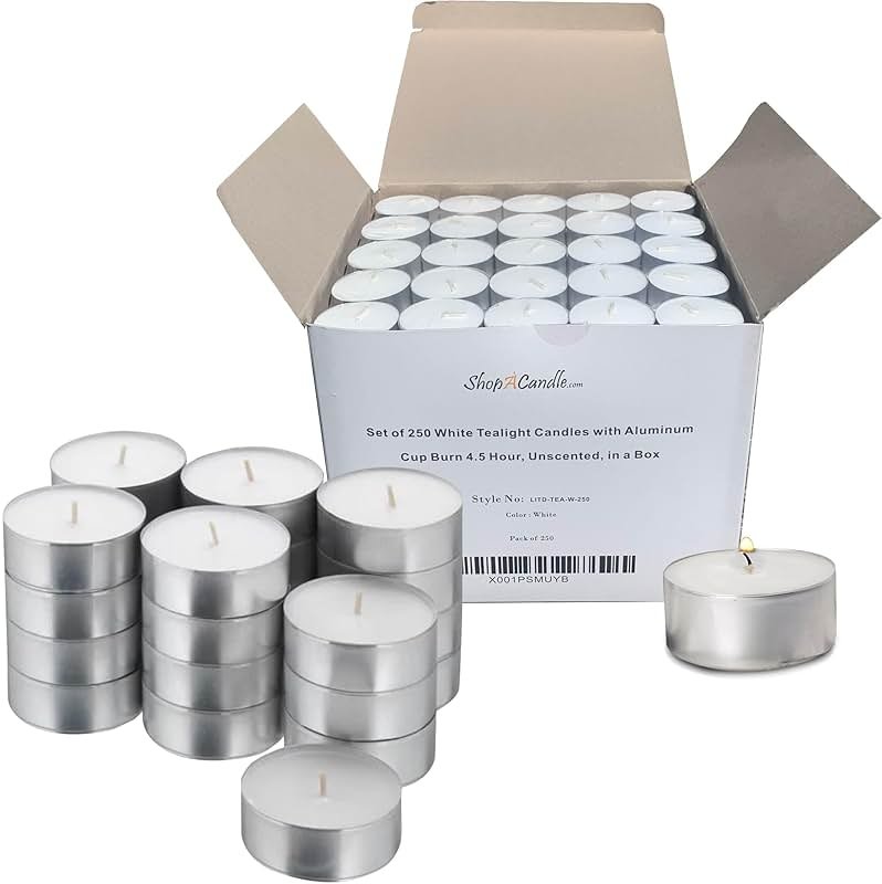 Tea Light Candles in Metal Cups - 4.5 Hours Clean, Long Burning White Unscented - 250 Votive Candles Bulk for Romantic Dinner, Wedding, Spa & Hotels by PARNOO - Product Image