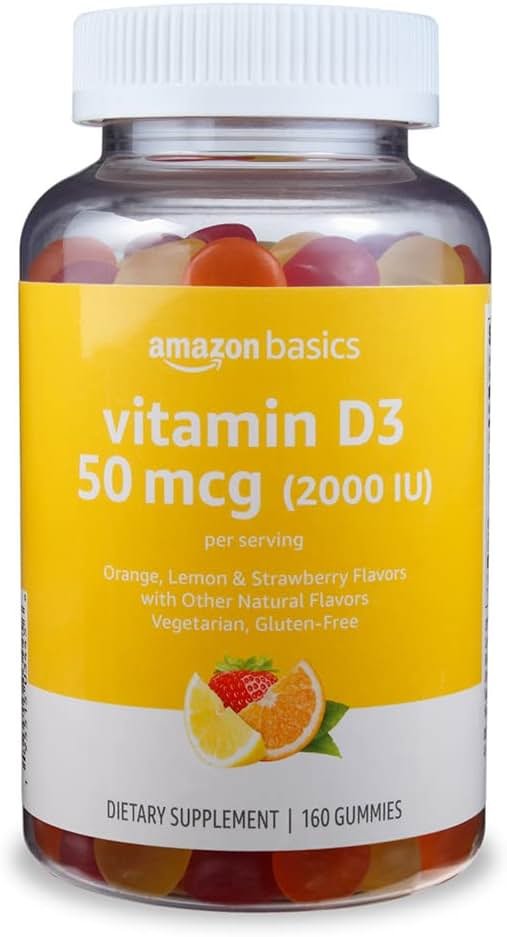 Amazon Basics Vitamin D3 2000 IU Gummies, Orange, Lemon & Strawberry, 160 Count (2 per Serving) (Previously Solimo) - Product Image
