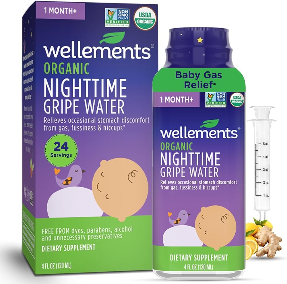 Wellements Organic Nighttime Gripe Water for Babies 1 Month+ (4 Fl Oz) - Baby Gripe Water for Bedtime Relief Gas, Colic & Fussiness - Herbs Promote a Peaceful Night’s Sleep - USDA Certified & Non GMO - Product Image