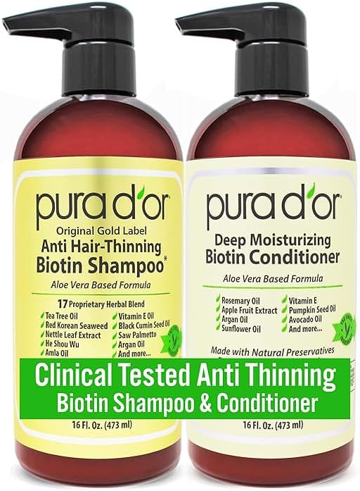 PURA D'OR Gold Label Anti-Thinning Biotin Shampoo & Conditioner, 16oz x2 | Thicker-Looking Hair, Clinically Tested, Botanical Extracts, Aloe Vera Base, Men & Women, Sulfate-Free, Natural Earthy Scent - Product Image