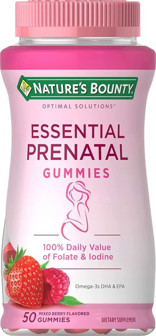 Nature's Bounty Optimal Solutions Essential Prenatal Gummies, Folic Acid and Iodine, Omega 3 and DHA, 50 Count, 25 Total Servings - Product Image
