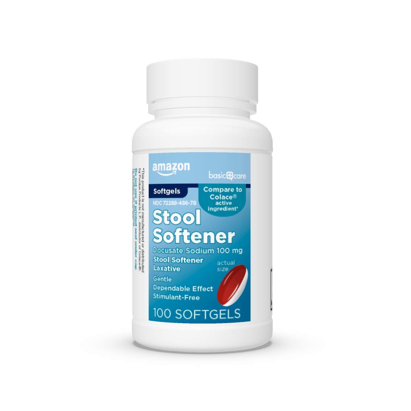Amazon Basic Care Stool Softener Laxative, Docusate Sodium 100 mg, Softgels, For Constipation Relief, 100 Count - Product Image
