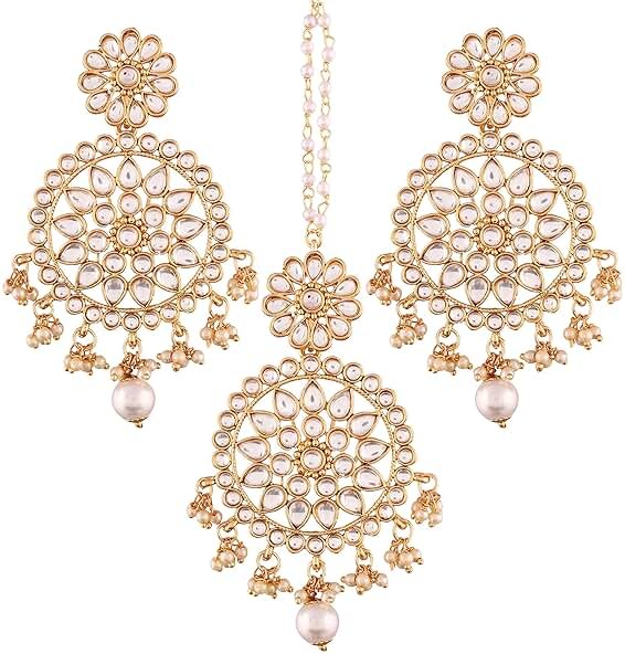 I Jewels Gold Plated Kundan & Pearl Earring Set with Maang Tikka for Women - Product Image